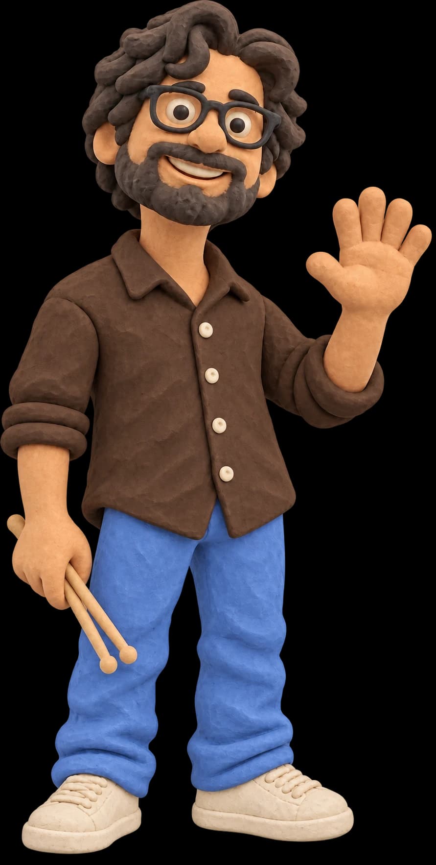 Jai as a clay figure, waving, with drumsticks in hand