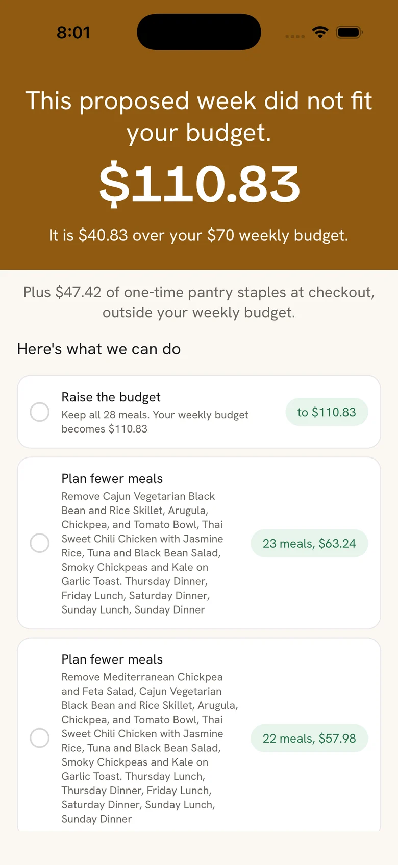 When a week doesn't fit the budget, it says by how much and offers ways to fix it