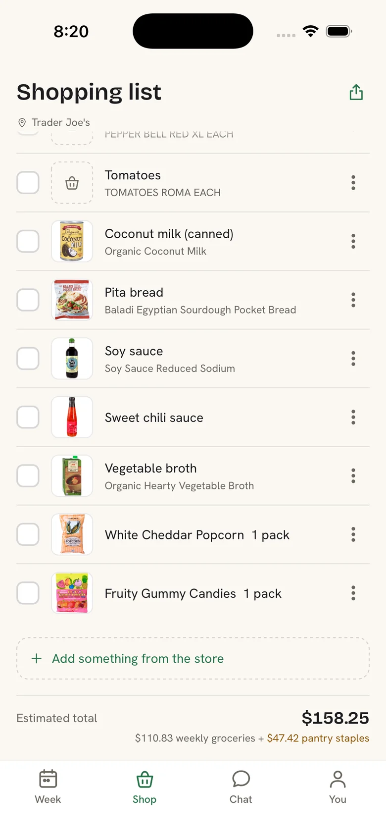The shopping list, priced by the pack, with one-time pantry staples counted separately