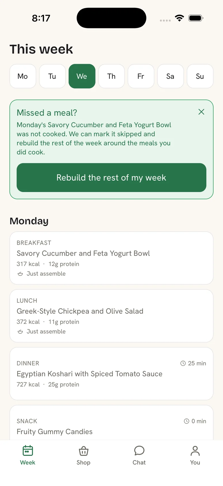 The week, planned from your store's shelves. Miss a meal and the rest of the week rebuilds around it