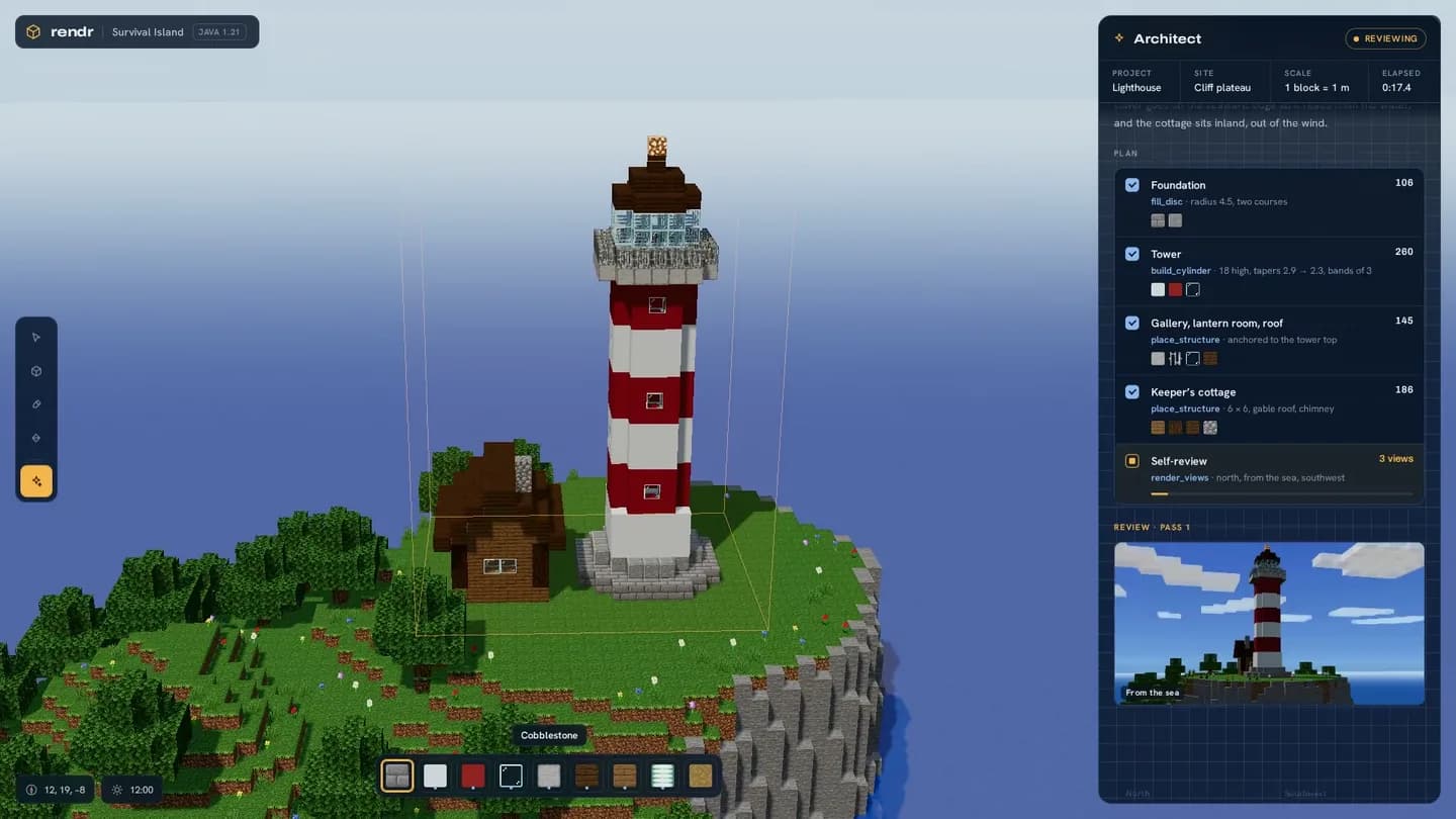 Rendr's architect building a lighthouse on a sea cliff, then checking its own work at dusk