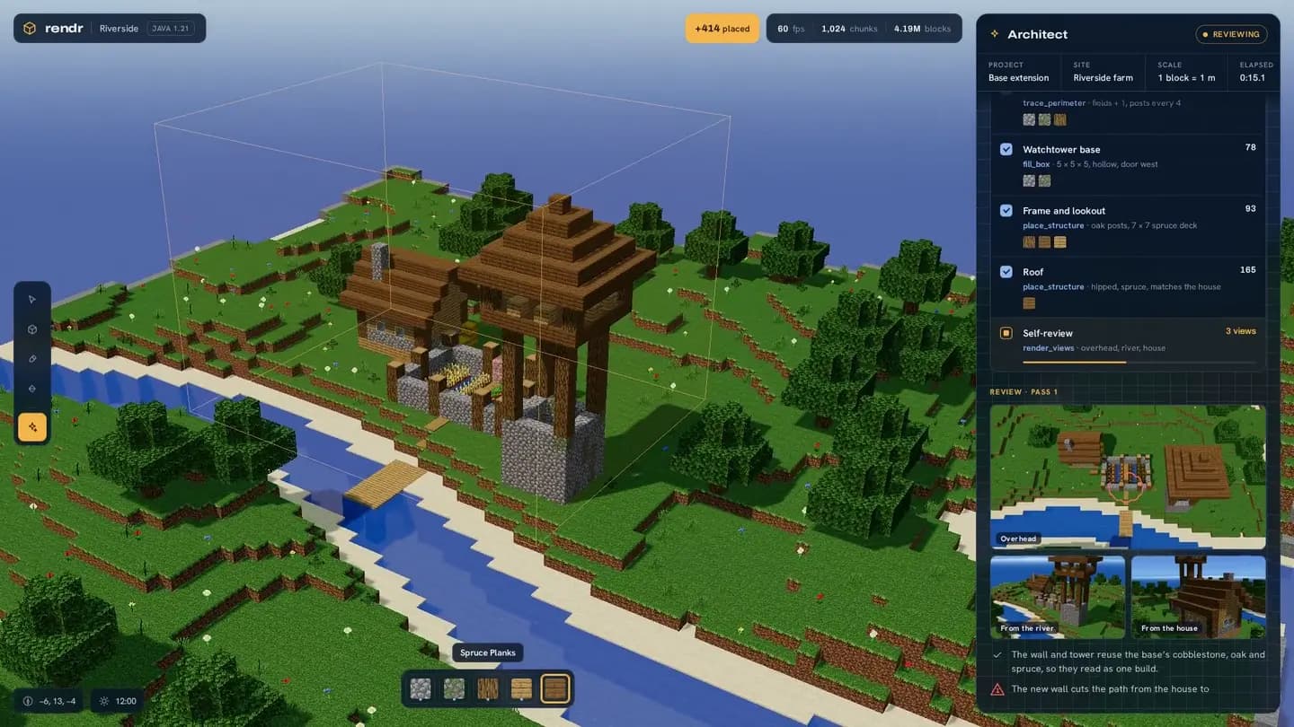 Drop in a world and it streams in; the architect extends the player's own base with a stone watchtower and a farm wall, in the base's own materials
